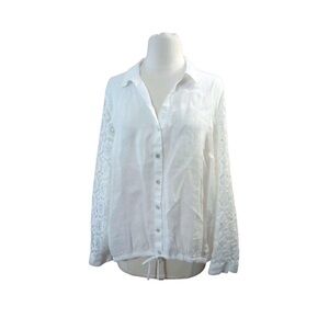 J JILL White ButtonUp LaceSleeve 100% Linen size Large Top breathable drawstring